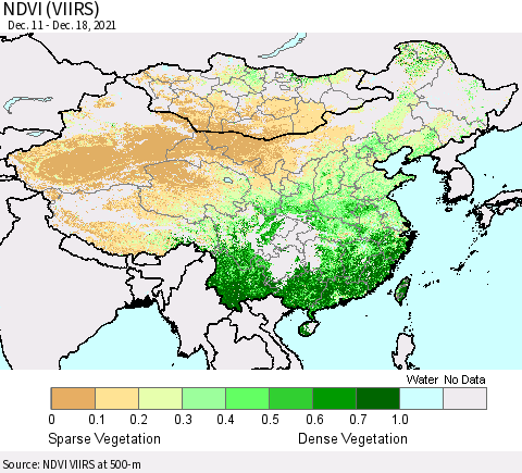 China, Mongolia and Taiwan NDVI (VIIRS) Thematic Map For 12/11/2021 - 12/18/2021
