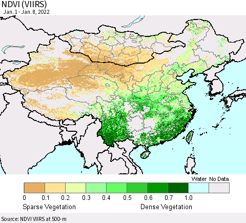 China, Mongolia and Taiwan NDVI (VIIRS) Thematic Map For 1/1/2022 - 1/8/2022