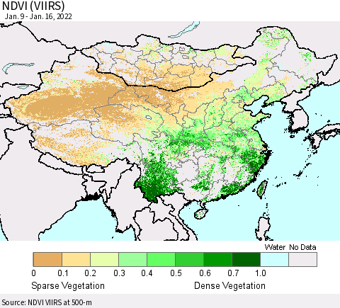 China, Mongolia and Taiwan NDVI (VIIRS) Thematic Map For 1/9/2022 - 1/16/2022