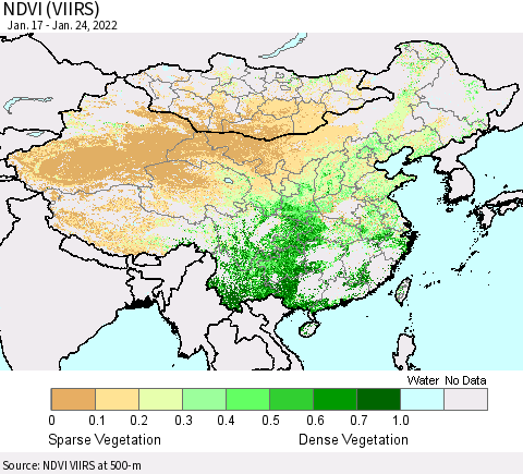 China, Mongolia and Taiwan NDVI (VIIRS) Thematic Map For 1/17/2022 - 1/24/2022