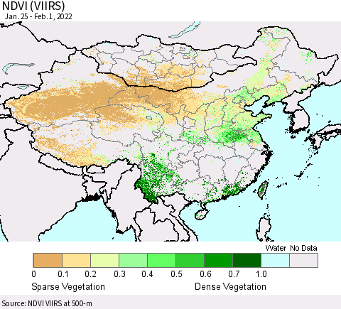 China, Mongolia and Taiwan NDVI (VIIRS) Thematic Map For 1/25/2022 - 2/1/2022