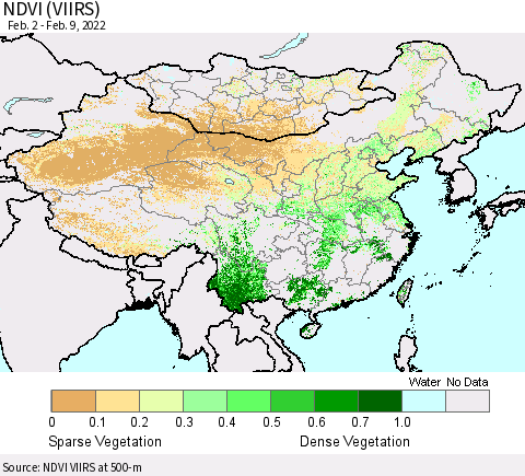 China, Mongolia and Taiwan NDVI (VIIRS) Thematic Map For 2/2/2022 - 2/9/2022