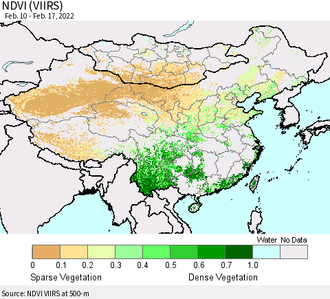 China, Mongolia and Taiwan NDVI (VIIRS) Thematic Map For 2/10/2022 - 2/17/2022