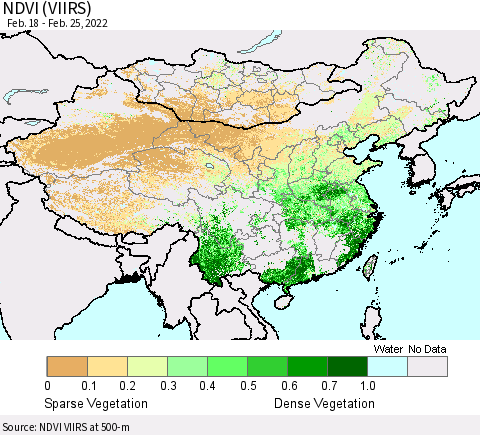 China, Mongolia and Taiwan NDVI (VIIRS) Thematic Map For 2/18/2022 - 2/25/2022