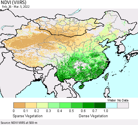 China, Mongolia and Taiwan NDVI (VIIRS) Thematic Map For 2/26/2022 - 3/5/2022