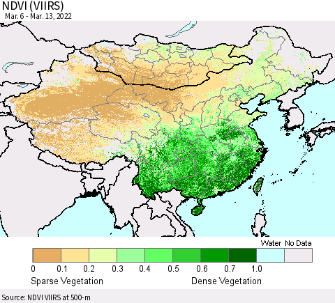 China, Mongolia and Taiwan NDVI (VIIRS) Thematic Map For 3/6/2022 - 3/13/2022