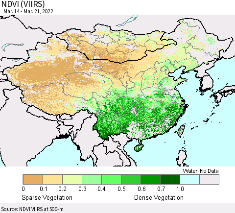 China, Mongolia and Taiwan NDVI (VIIRS) Thematic Map For 3/14/2022 - 3/21/2022