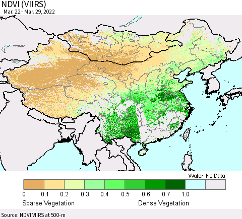 China, Mongolia and Taiwan NDVI (VIIRS) Thematic Map For 3/22/2022 - 3/29/2022