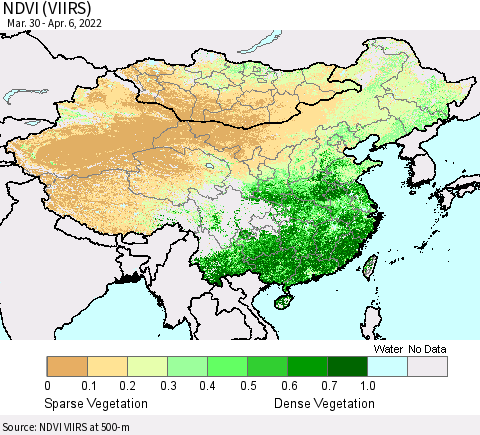 China, Mongolia and Taiwan NDVI (VIIRS) Thematic Map For 3/30/2022 - 4/6/2022