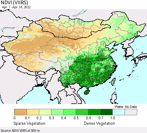 China, Mongolia and Taiwan NDVI (VIIRS) Thematic Map For 4/7/2022 - 4/14/2022