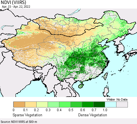 China, Mongolia and Taiwan NDVI (VIIRS) Thematic Map For 4/15/2022 - 4/22/2022