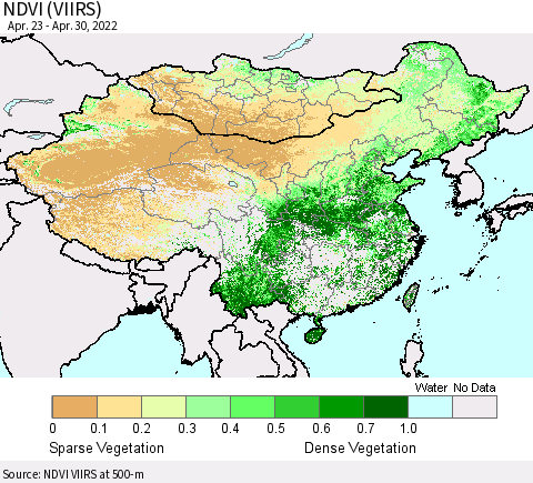 China, Mongolia and Taiwan NDVI (VIIRS) Thematic Map For 4/23/2022 - 4/30/2022