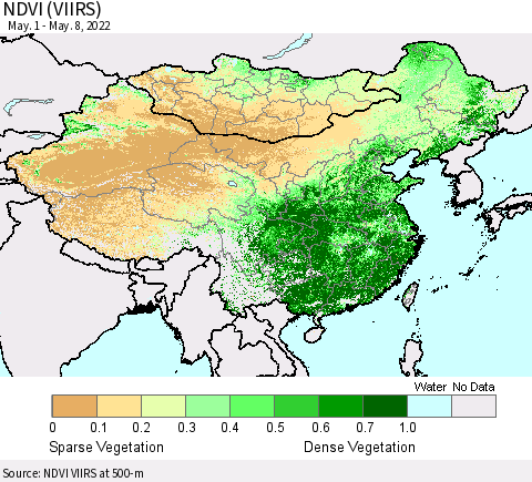 China, Mongolia and Taiwan NDVI (VIIRS) Thematic Map For 5/1/2022 - 5/8/2022
