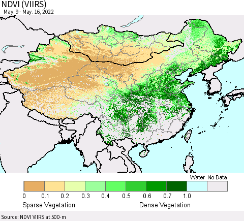 China, Mongolia and Taiwan NDVI (VIIRS) Thematic Map For 5/9/2022 - 5/16/2022