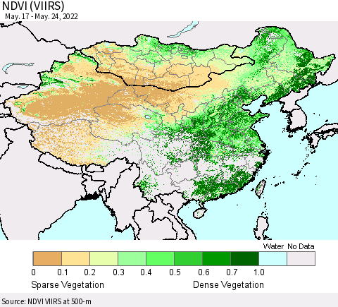 China, Mongolia and Taiwan NDVI (VIIRS) Thematic Map For 5/17/2022 - 5/24/2022