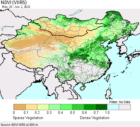 China, Mongolia and Taiwan NDVI (VIIRS) Thematic Map For 5/25/2022 - 6/1/2022