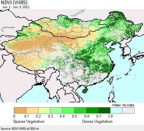 China, Mongolia and Taiwan NDVI (VIIRS) Thematic Map For 6/2/2022 - 6/9/2022