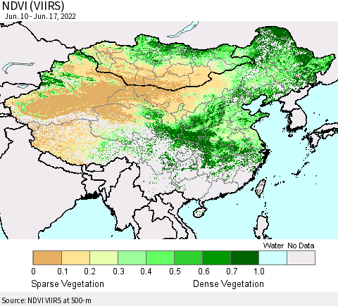 China, Mongolia and Taiwan NDVI (VIIRS) Thematic Map For 6/10/2022 - 6/17/2022