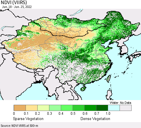 China, Mongolia and Taiwan NDVI (VIIRS) Thematic Map For 6/18/2022 - 6/25/2022
