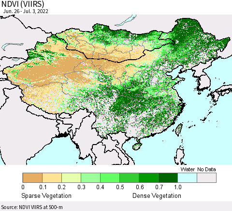 China, Mongolia and Taiwan NDVI (VIIRS) Thematic Map For 6/26/2022 - 7/3/2022