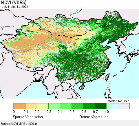 China, Mongolia and Taiwan NDVI (VIIRS) Thematic Map For 7/4/2022 - 7/11/2022