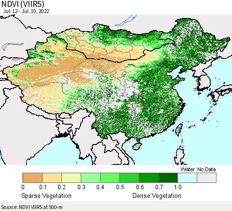 China, Mongolia and Taiwan NDVI (VIIRS) Thematic Map For 7/12/2022 - 7/19/2022