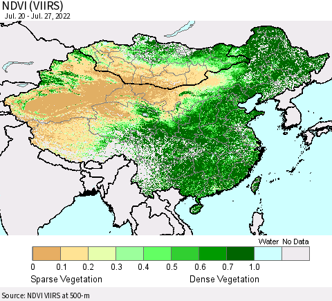 China, Mongolia and Taiwan NDVI (VIIRS) Thematic Map For 7/20/2022 - 7/27/2022