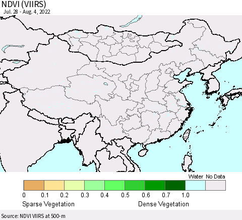 China, Mongolia and Taiwan NDVI (VIIRS) Thematic Map For 7/28/2022 - 8/4/2022