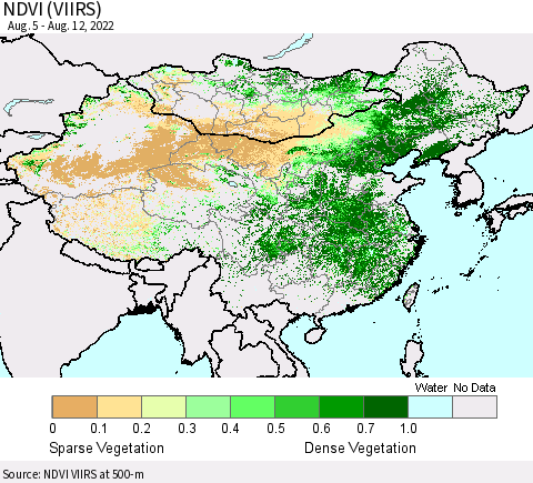 China, Mongolia and Taiwan NDVI (VIIRS) Thematic Map For 8/5/2022 - 8/12/2022