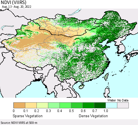 China, Mongolia and Taiwan NDVI (VIIRS) Thematic Map For 8/13/2022 - 8/20/2022