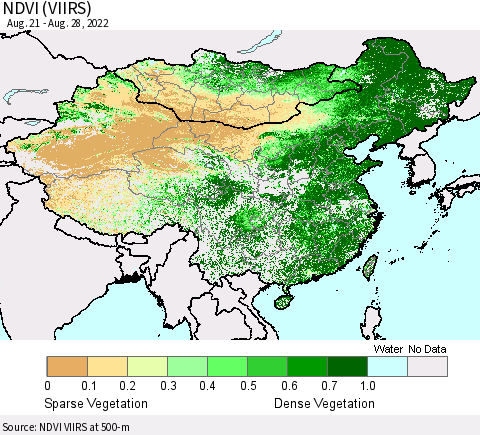 China, Mongolia and Taiwan NDVI (VIIRS) Thematic Map For 8/21/2022 - 8/28/2022