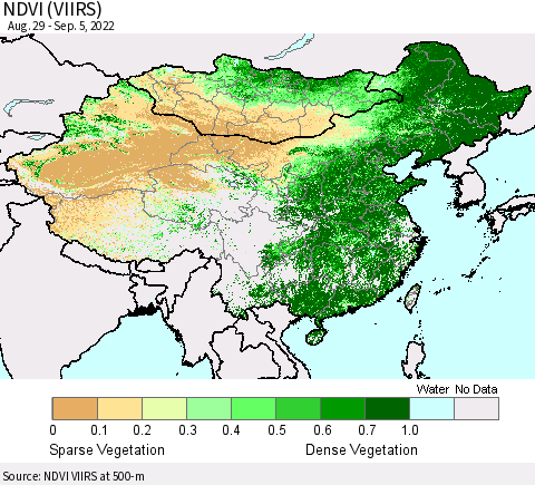 China, Mongolia and Taiwan NDVI (VIIRS) Thematic Map For 8/29/2022 - 9/5/2022