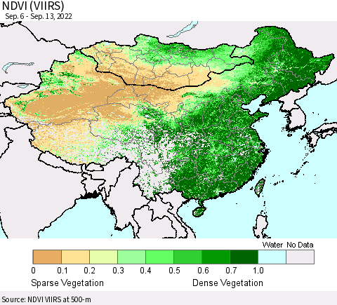China, Mongolia and Taiwan NDVI (VIIRS) Thematic Map For 9/6/2022 - 9/13/2022