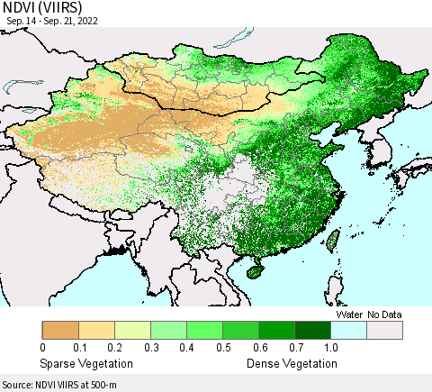 China, Mongolia and Taiwan NDVI (VIIRS) Thematic Map For 9/14/2022 - 9/21/2022