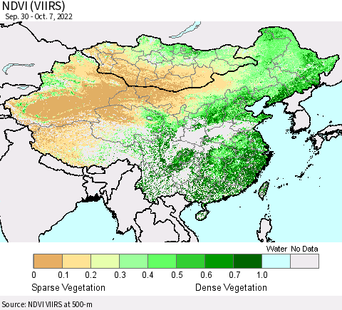 China, Mongolia and Taiwan NDVI (VIIRS) Thematic Map For 9/30/2022 - 10/7/2022