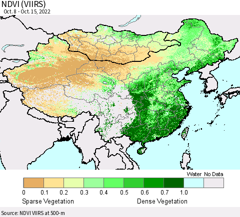 China, Mongolia and Taiwan NDVI (VIIRS) Thematic Map For 10/8/2022 - 10/15/2022