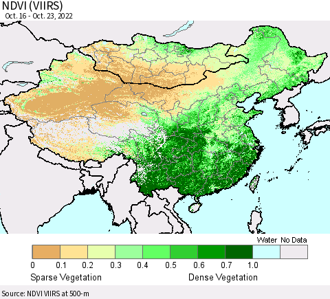 China, Mongolia and Taiwan NDVI (VIIRS) Thematic Map For 10/16/2022 - 10/23/2022