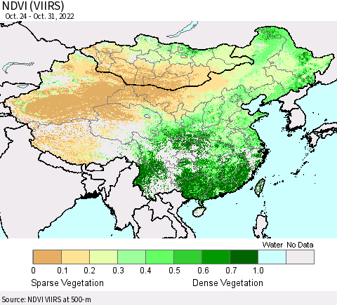China, Mongolia and Taiwan NDVI (VIIRS) Thematic Map For 10/24/2022 - 10/31/2022
