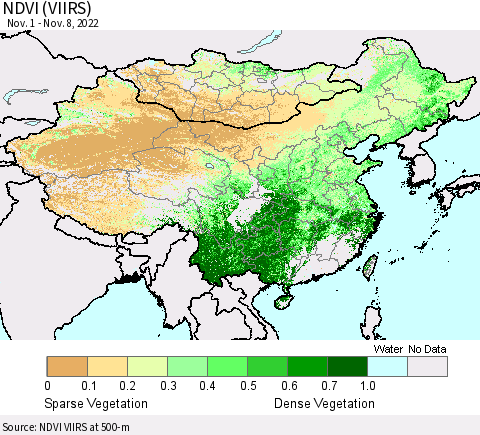 China, Mongolia and Taiwan NDVI (VIIRS) Thematic Map For 11/1/2022 - 11/8/2022