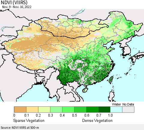 China, Mongolia and Taiwan NDVI (VIIRS) Thematic Map For 11/9/2022 - 11/16/2022