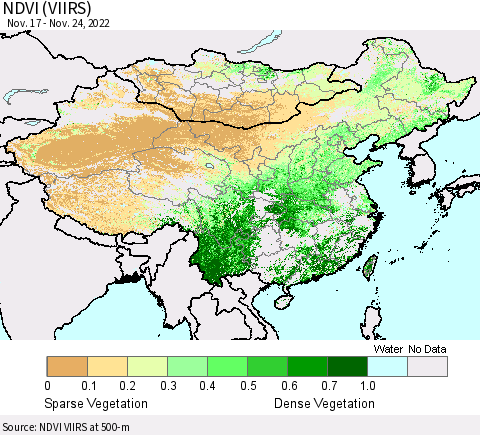 China, Mongolia and Taiwan NDVI (VIIRS) Thematic Map For 11/17/2022 - 11/24/2022