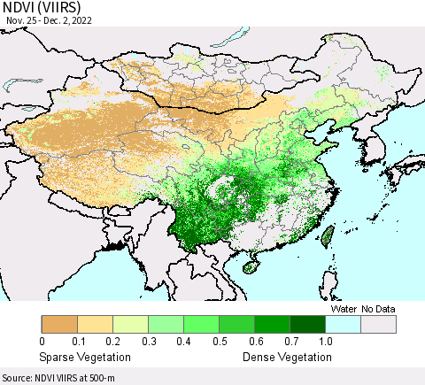 China, Mongolia and Taiwan NDVI (VIIRS) Thematic Map For 11/25/2022 - 12/2/2022