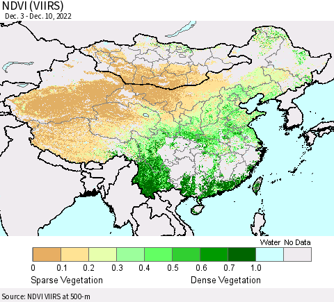 China, Mongolia and Taiwan NDVI (VIIRS) Thematic Map For 12/3/2022 - 12/10/2022