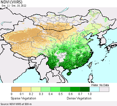 China, Mongolia and Taiwan NDVI (VIIRS) Thematic Map For 12/11/2022 - 12/18/2022