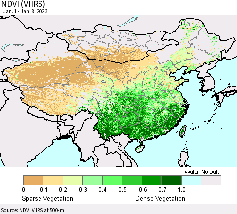 China, Mongolia and Taiwan NDVI (VIIRS) Thematic Map For 1/1/2023 - 1/8/2023