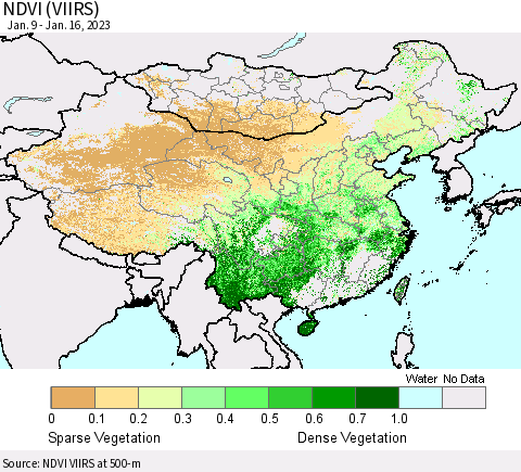 China, Mongolia and Taiwan NDVI (VIIRS) Thematic Map For 1/9/2023 - 1/16/2023