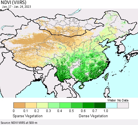China, Mongolia and Taiwan NDVI (VIIRS) Thematic Map For 1/17/2023 - 1/24/2023