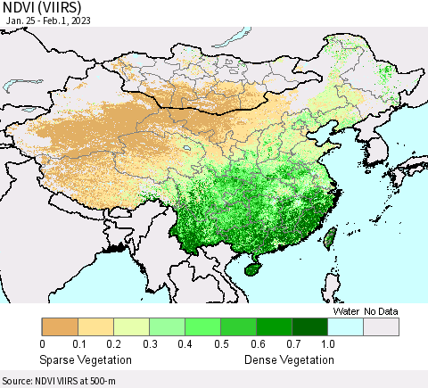 China, Mongolia and Taiwan NDVI (VIIRS) Thematic Map For 1/25/2023 - 2/1/2023
