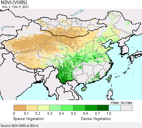 China, Mongolia and Taiwan NDVI (VIIRS) Thematic Map For 2/2/2023 - 2/9/2023