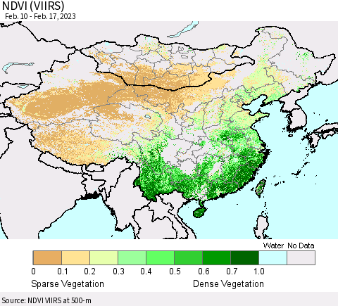 China, Mongolia and Taiwan NDVI (VIIRS) Thematic Map For 2/10/2023 - 2/17/2023